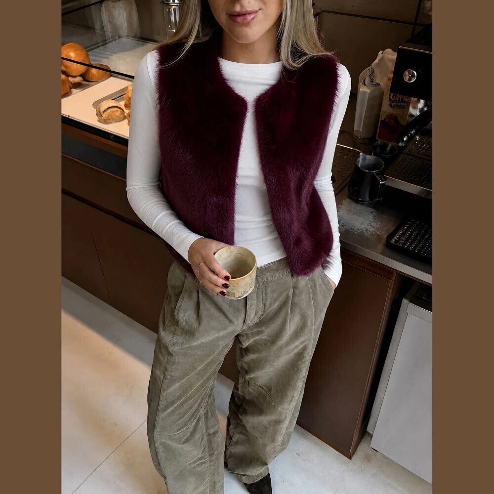 Burgundy Faux Fur Sleeveless Open Front Short Vest